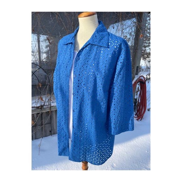 Vintage 90s Alia Blazer Shacket Blue Eyelet Lace Sheer 3/4 Sleeve Sz 16 - Picture 8 of 9
